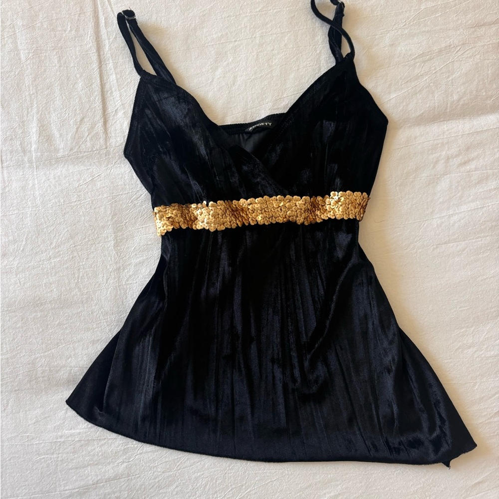 Black Velvet Top with Gold Sequin Detail